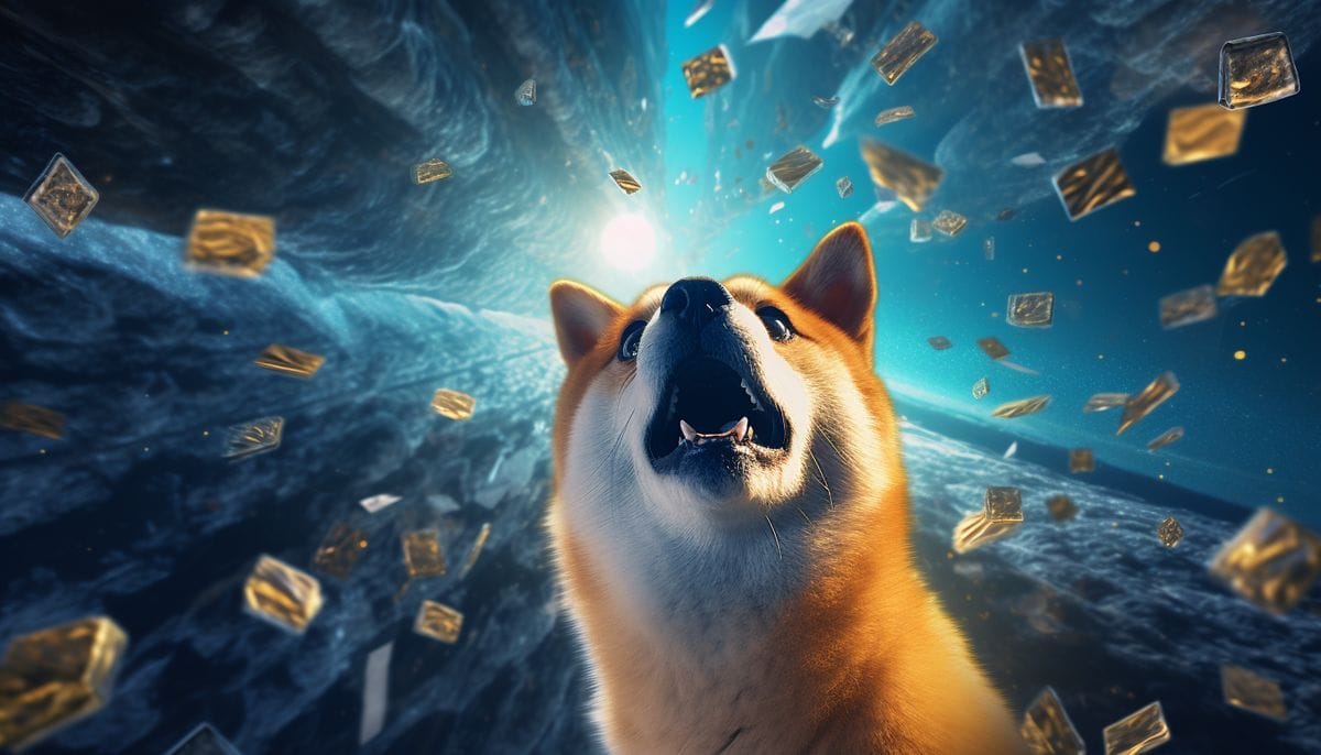 Dogecoin kurssi kuvituskuva: Shiba inu -koira kolikkosateessa.