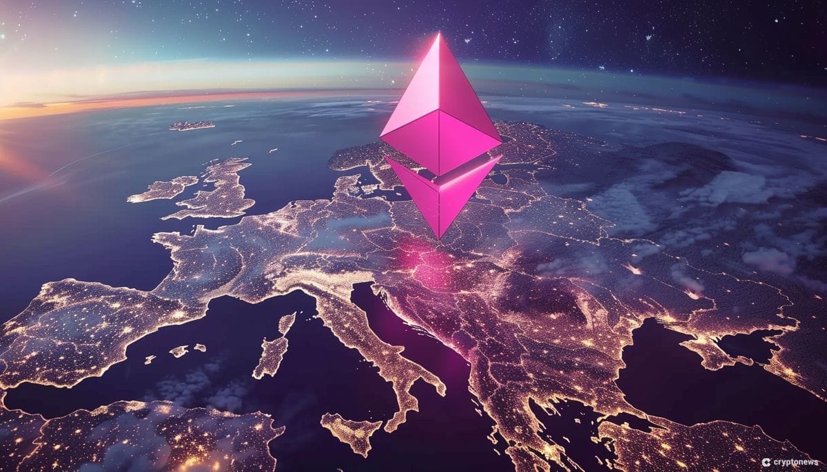 Ethereum logo leijuu öisen Euroopan yllä.