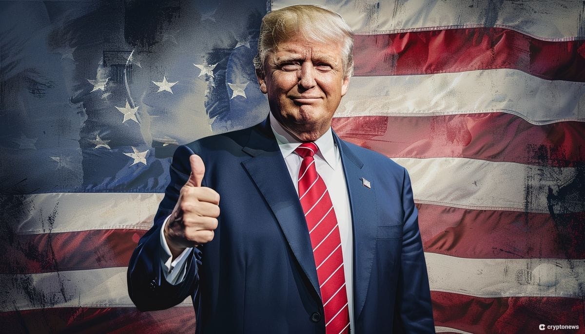 Donald Trump seisoo Yhdysvaltain lipun edessa tekoälyn piirtämässä kuvassa.
