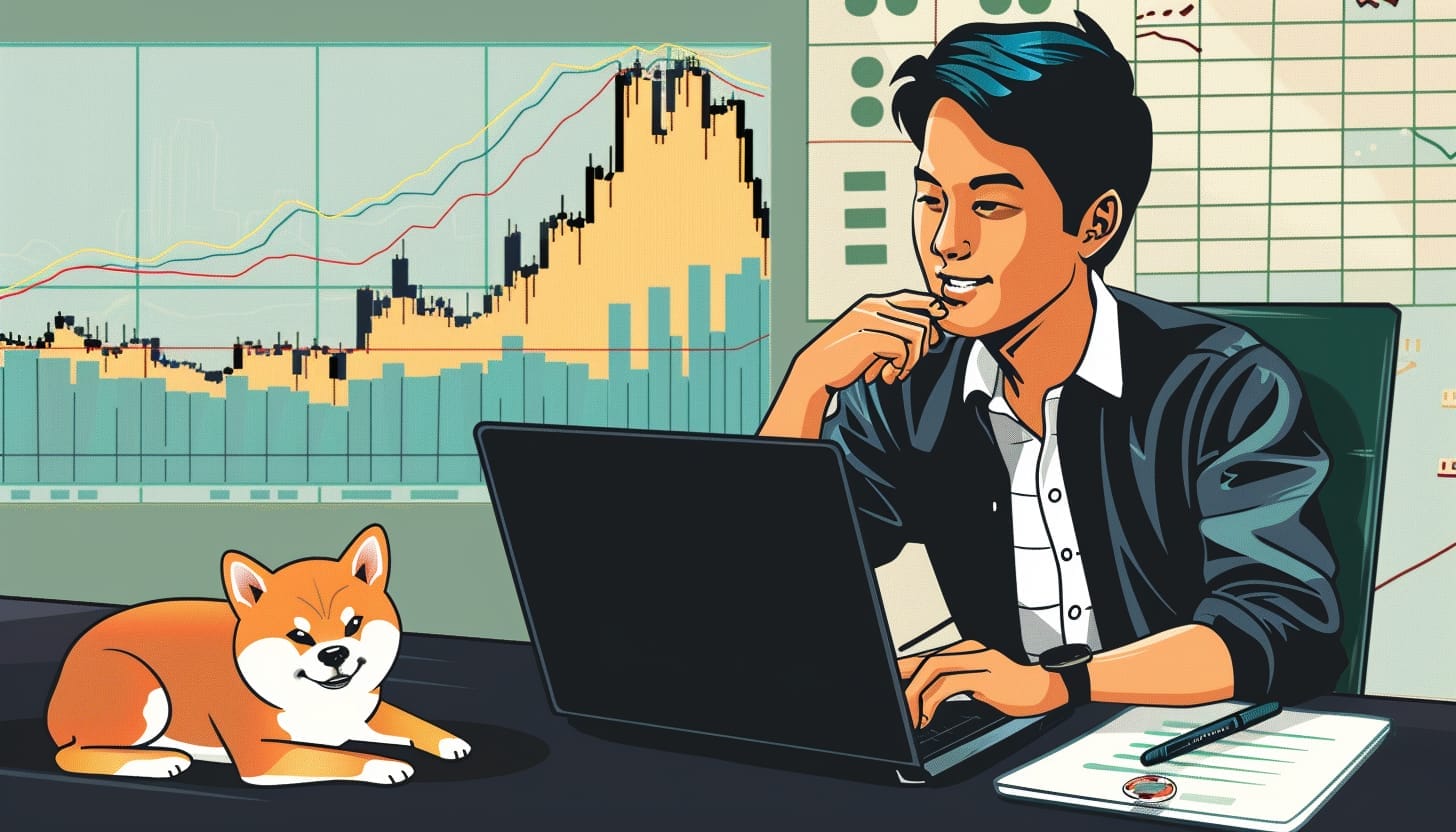 Dogecoin hintaennuste 18.3.2024. Kuvituskuvassa piirretty mies katsoo tietokonetta, vieressä koira ja kurssikäyriä.