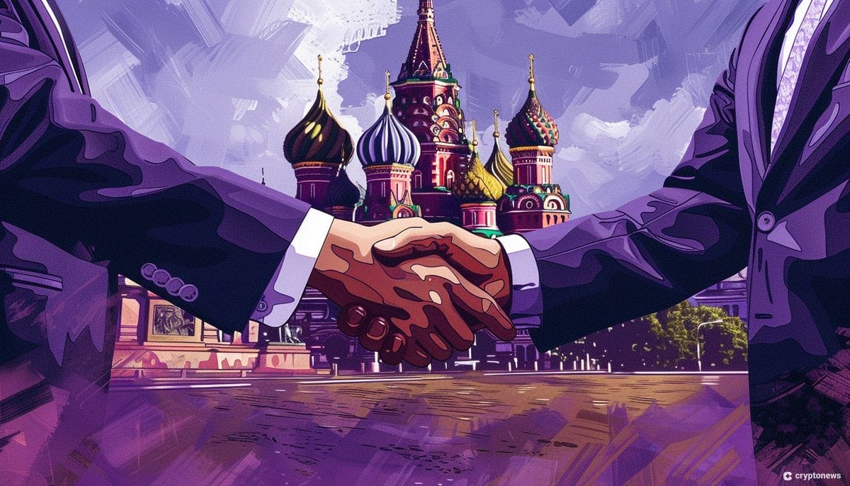 Venäjän keskuspankki ja valtiovarainministeriö ovat pääsemässä sopuun kryptojen suhteen. Kuvituskuvassa kätellään punaisella torilla.