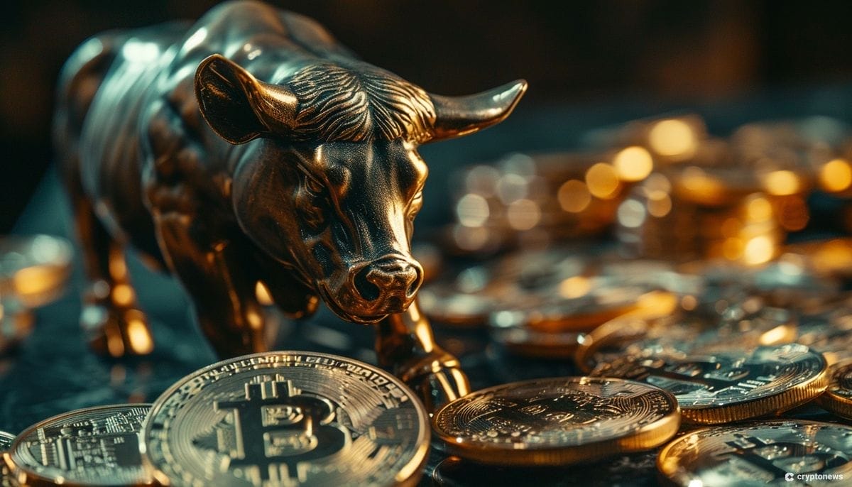 Bitcoin kolikoita ja kultainen härkä kuvituskuvassa.