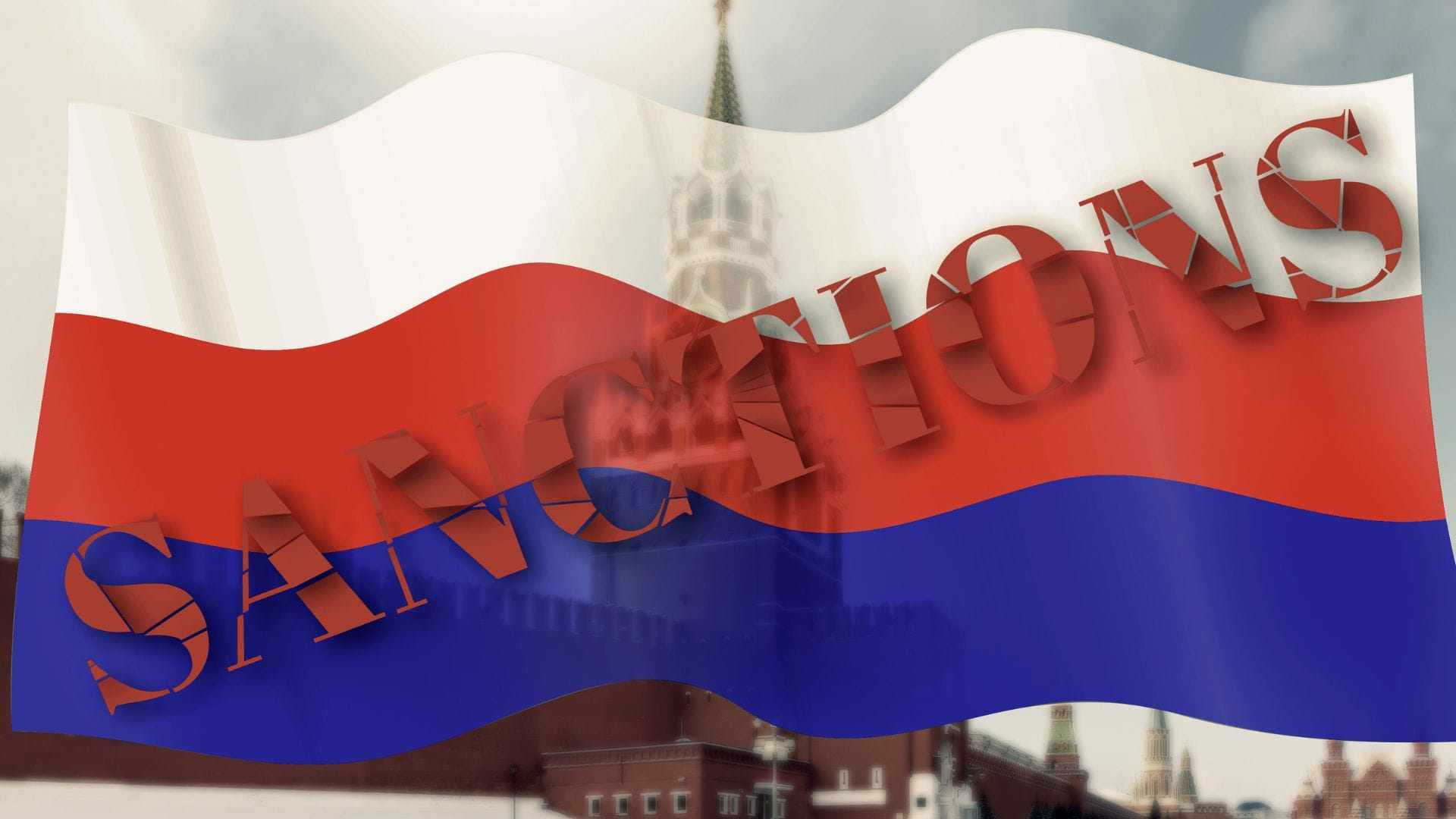 Venäjä-pakotteet kuvituskuvassa punainen tori ja venäjän lippu, jonka päällä lukee "sanctions".