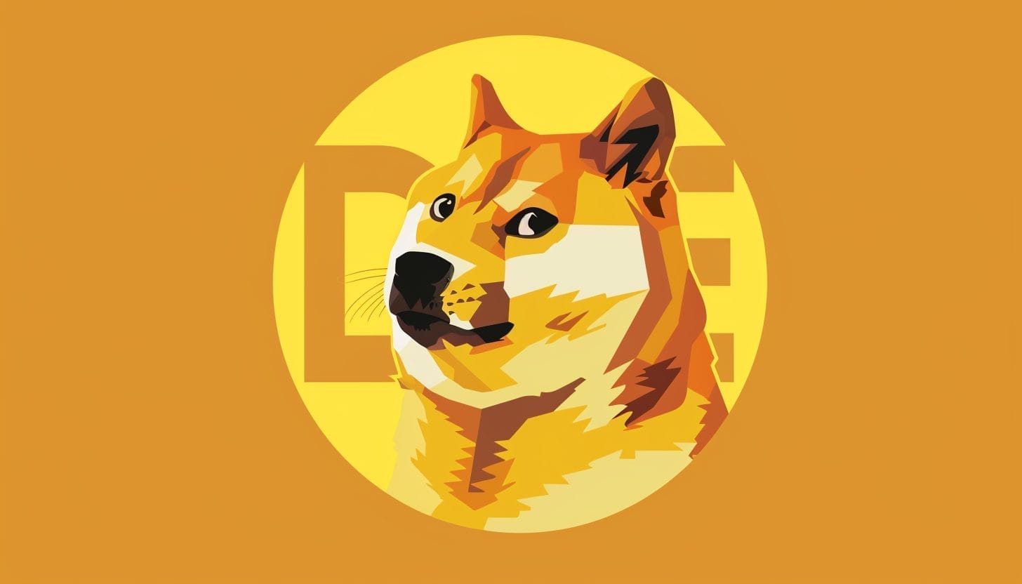 Dogecoin hintaennuste 8.4.2024 kuvituskuva, jossa shiba inu -koira piirrettynä oranssilla taustalla.
