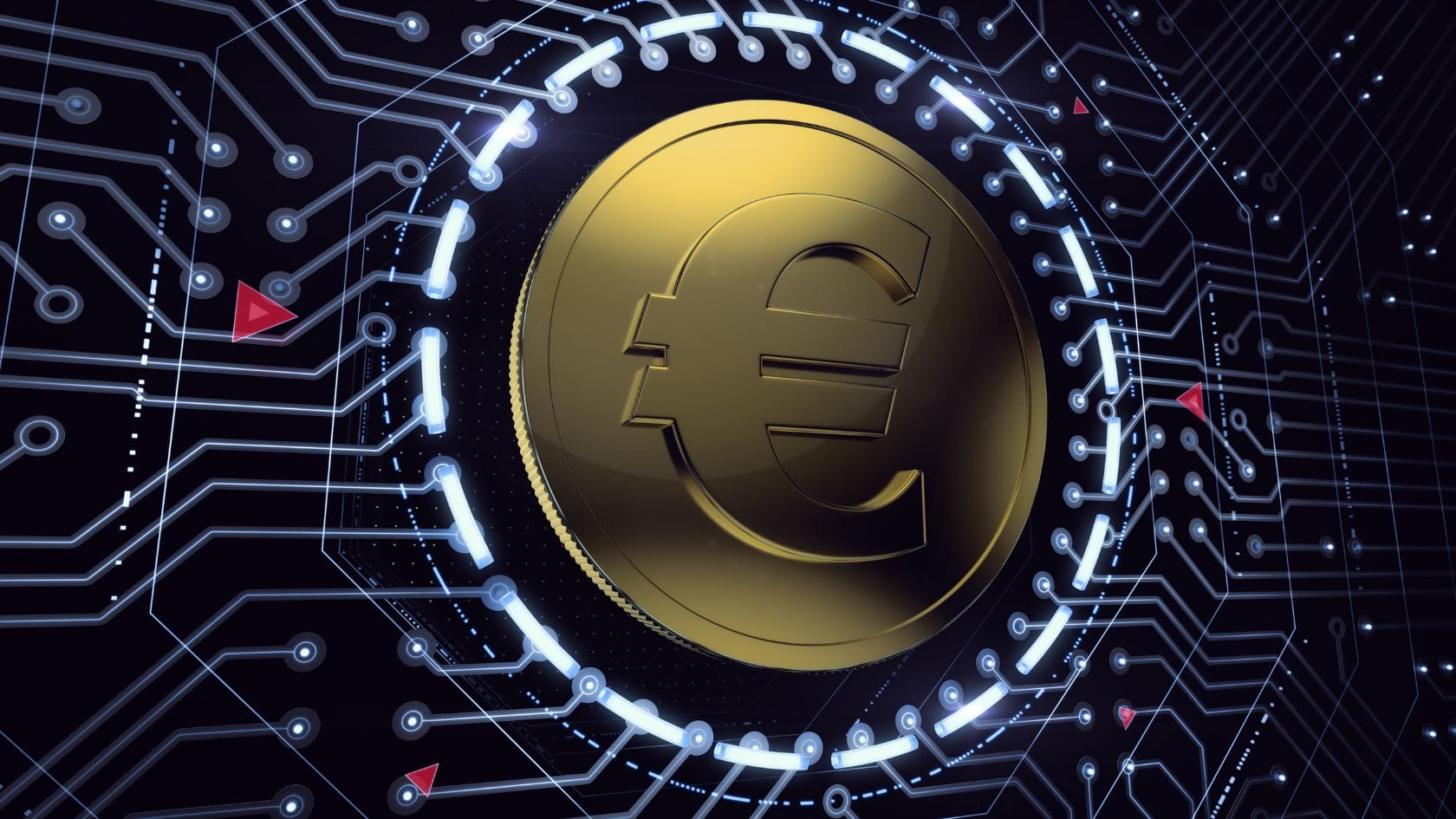Digitaalinen euro -kuvituskuvassa kultainen euro piirilevyllä