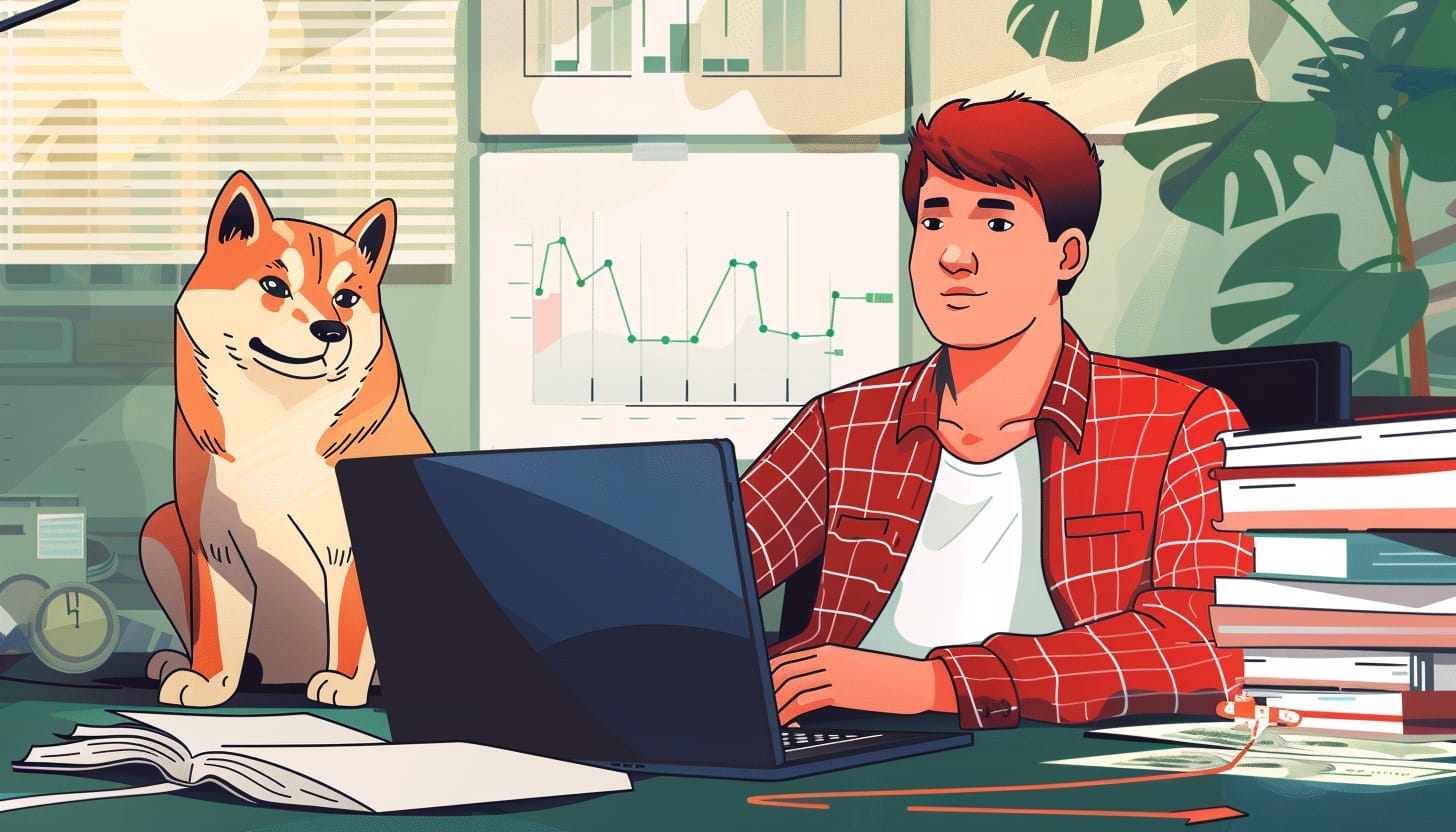 Shiba inu -kuvituskuvassa koira ja mies tutkivat tietokonetta.