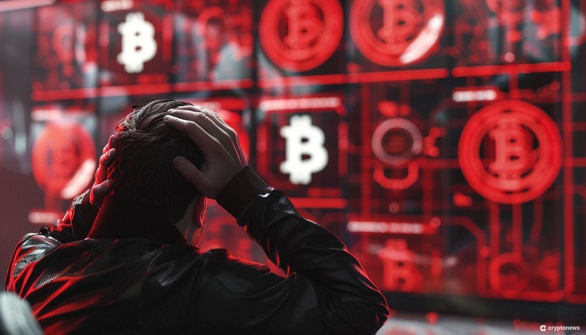 Bitcoin-logo punaisella näytöllä ja mies pitelee päätään näytön edessä.