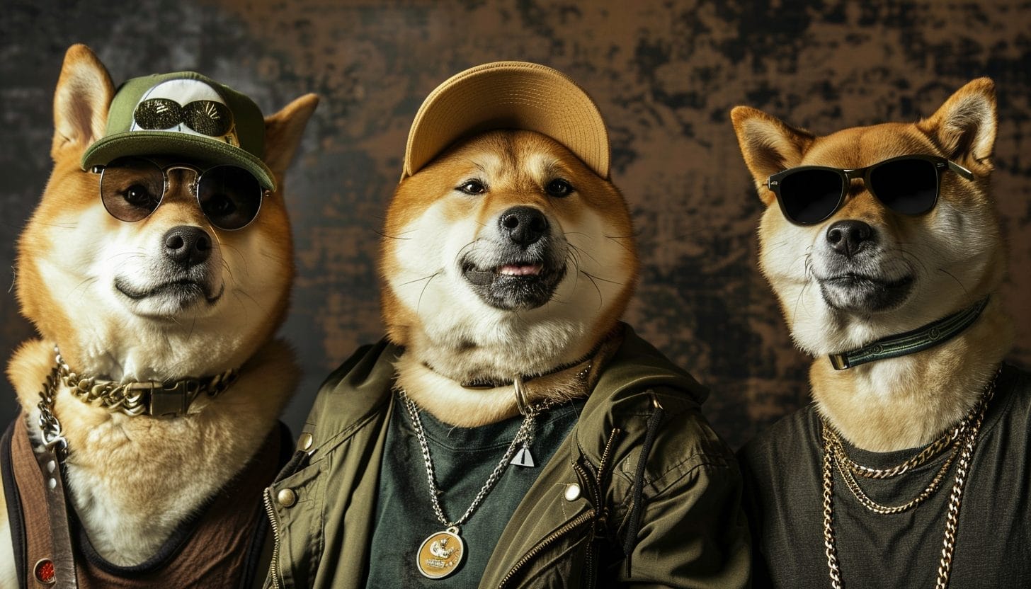 Meemikolikot-koiria (shiba inu) hattujen ja lasien kanssa.