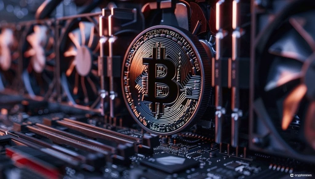 Bitcoin louhinta kuvituskuvassa bitcoin-kolikko ja tietokoneen prosessori.