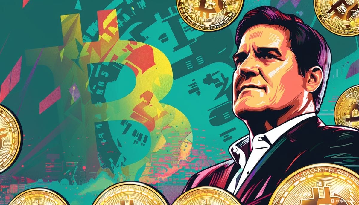 Mark Cuban bitcoinien ympäröimänä piirroksessa.