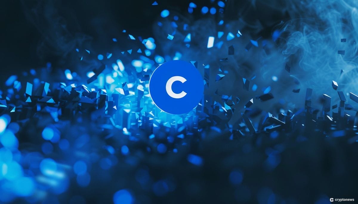 Coinbase-kuvituskuvassa yhtiön logo sininustalla taustalla.
