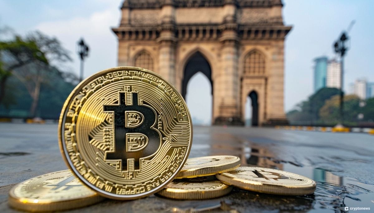 Intia kryptoartikkelin kuvituskuvassa bitcoin ja Delhin India gate.