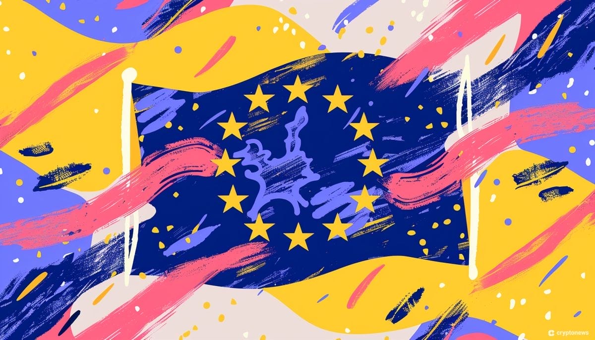 MiCA astuu voimaan myös stablecoinien osalta. Kuvituskuvassa EU:n lippu keltaisella pohjalla.