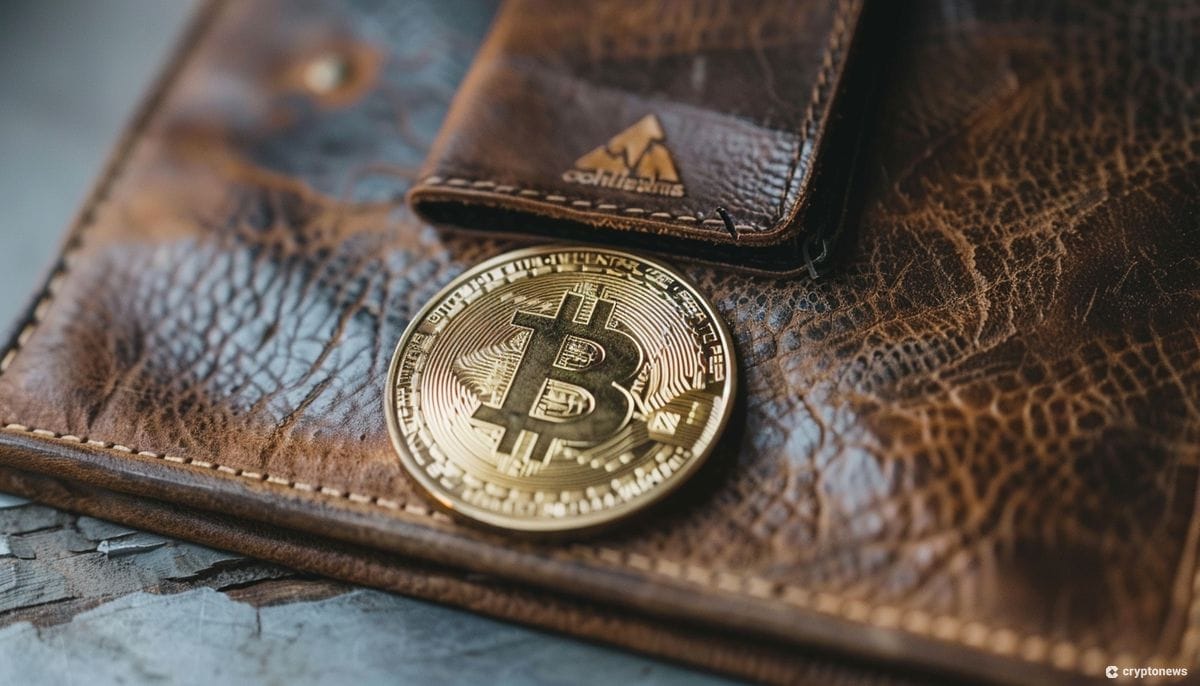 Bitcoin-lompakko kuvassa nahkalompakko ja bitcoin-kolikko