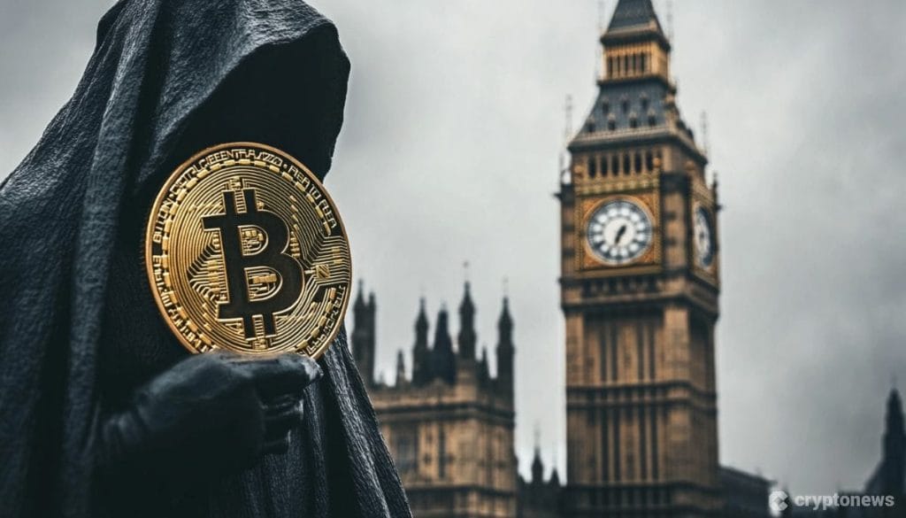 Kryptovaluutta kuvituksessa Big Ben ja Bitcoin.