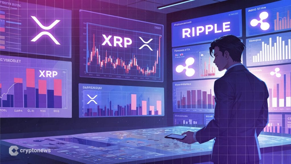 XRP kurssikäyrä isolla näytöllä, jota mies katselee.