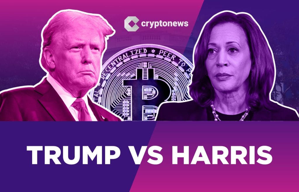 Trump vs Harris kuvassa presidenttiehdokkaat ja bitcoin kolikko.