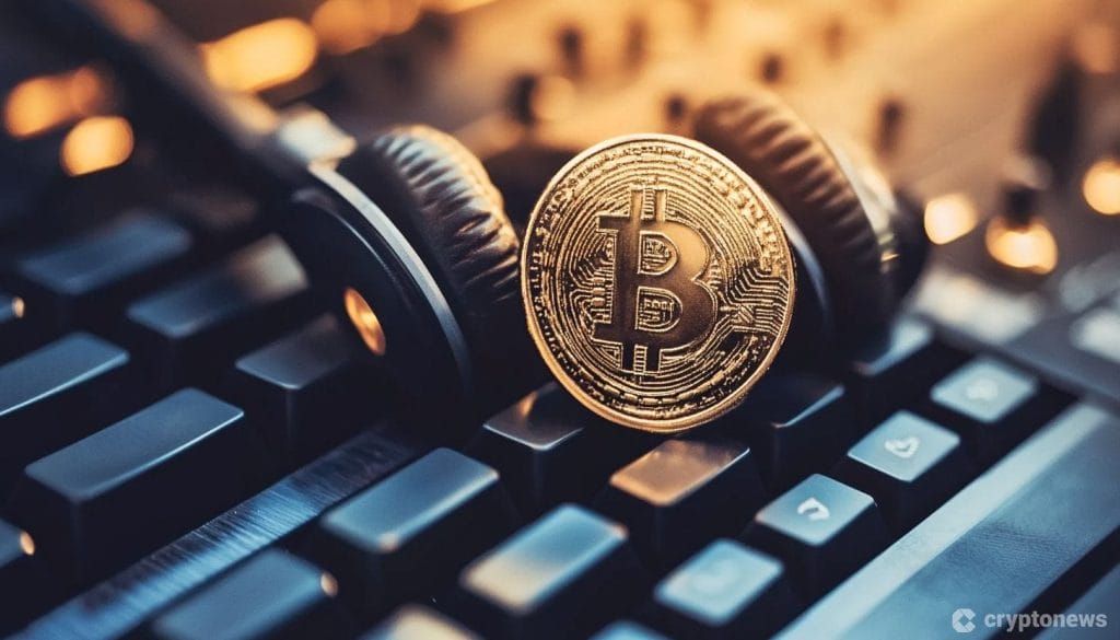 Bitcoin kolikko tietokoneen näppäimistön päällä.