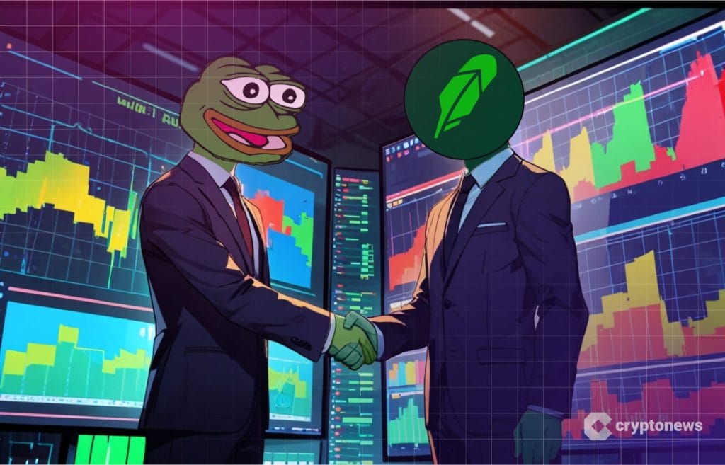 Pepe coin -Pepe kätelee Robinhood-hahmoa.