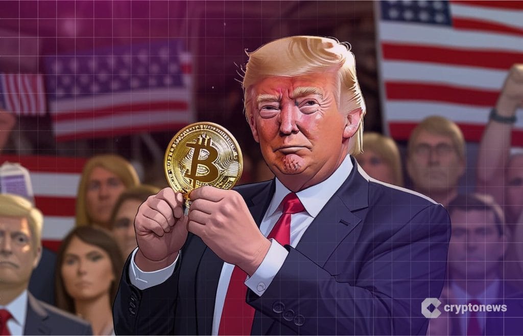 Donald Trump kädessään bitcoin kolikko.