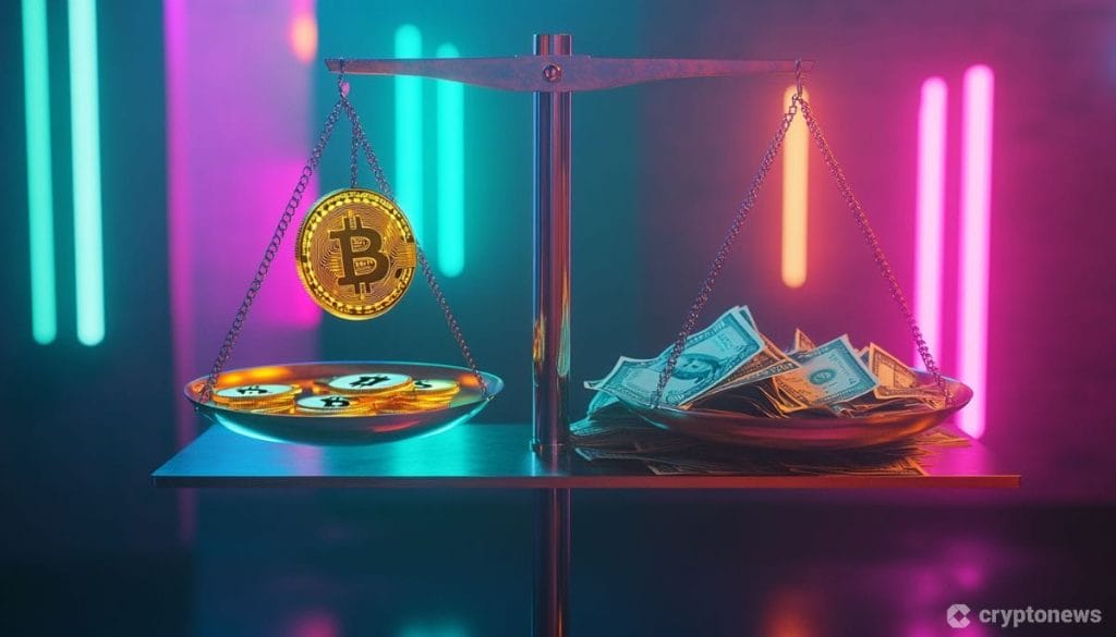 Bitcoin vaa'alla, jossa toisella puolella dollareita.