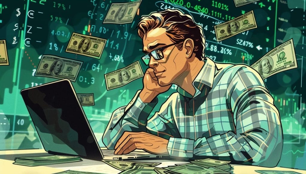 Cardano mies katselee tietokonetta ja dollareita lentää ympärillä.