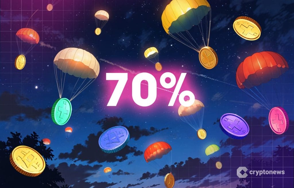 Airdrop-kolikoita putoilee laskuvarjolla, kuvan keskellä 70 %.