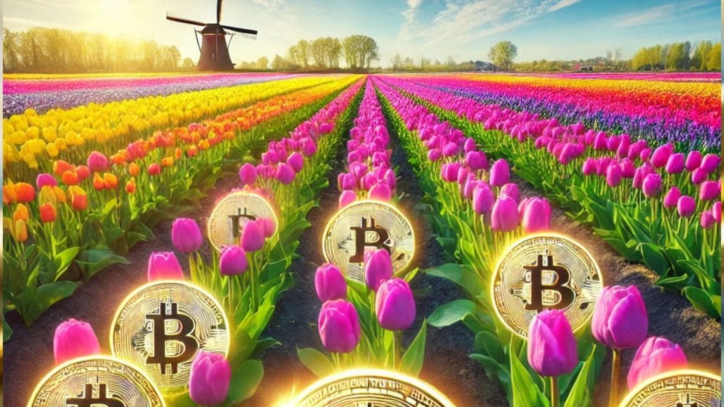 Bitcoin kolikoita tulppaanipellolla hollannissa.