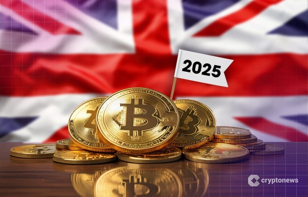 Krypto britanniassa kuvituksessaa bitcoineja, britannian lippu ja numerot 2025.