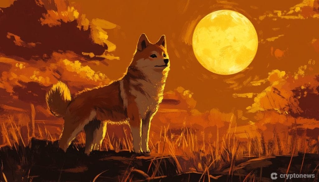 Dogecoin seisoo kalliolla kuun valossa.