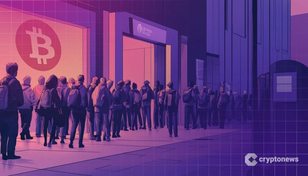 Kryptovaluutat kuvituskuvassa ihmiset jonottavat liiketilaan.