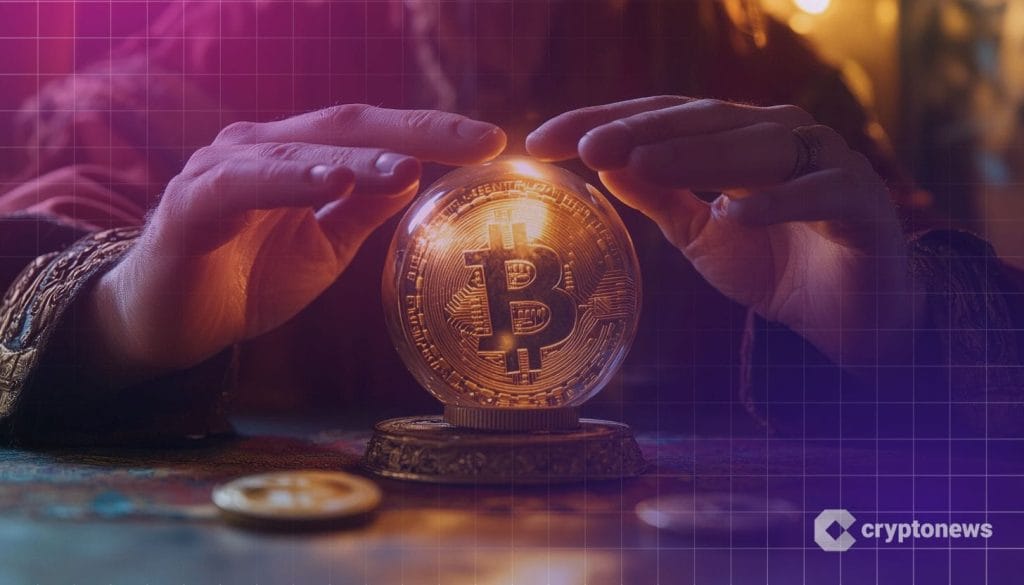 Kryptomarkkinat kuvituskuvassa bitcoin ennustajan käsissä.