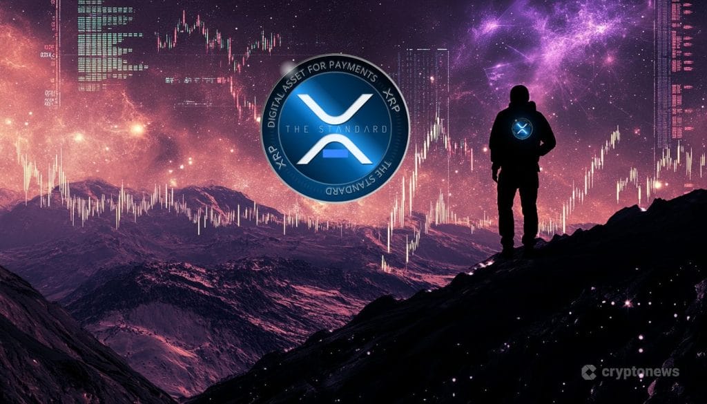 XRP logo leijuu kaupungin yllä. Mieshahmo katselee sitä kukkulalta.