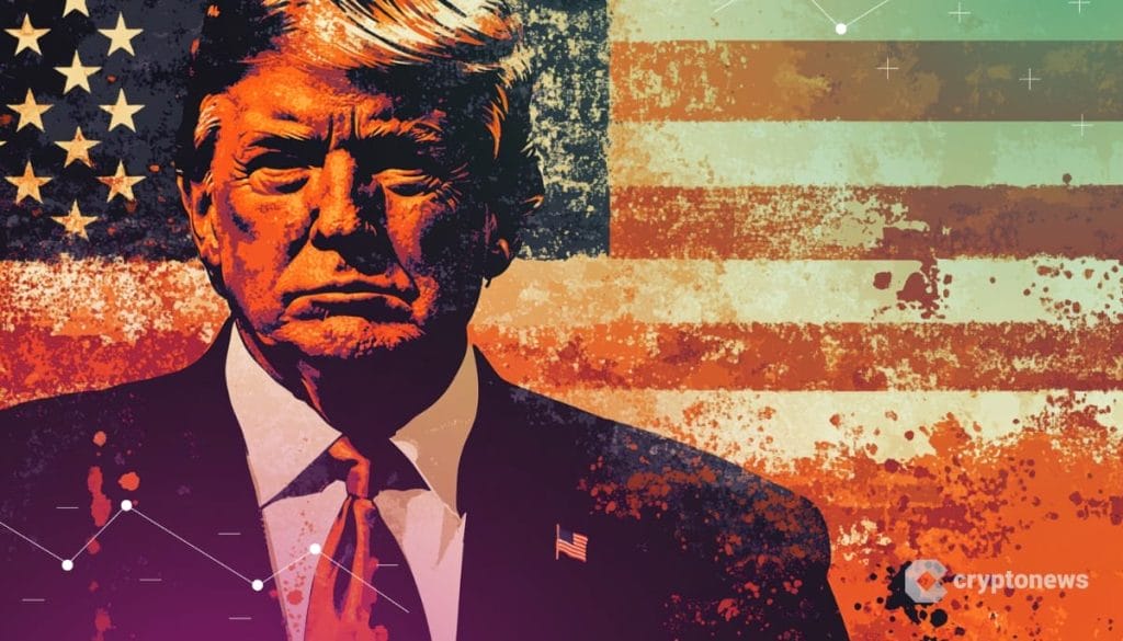 Bitcoin kuvituksessa donald trump ja usan lippu.