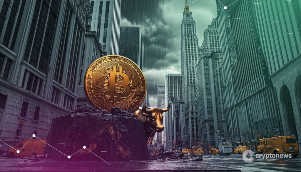 Bitcoin kolikko härän selässä suurkaupungin kadulla. piirroskuva.