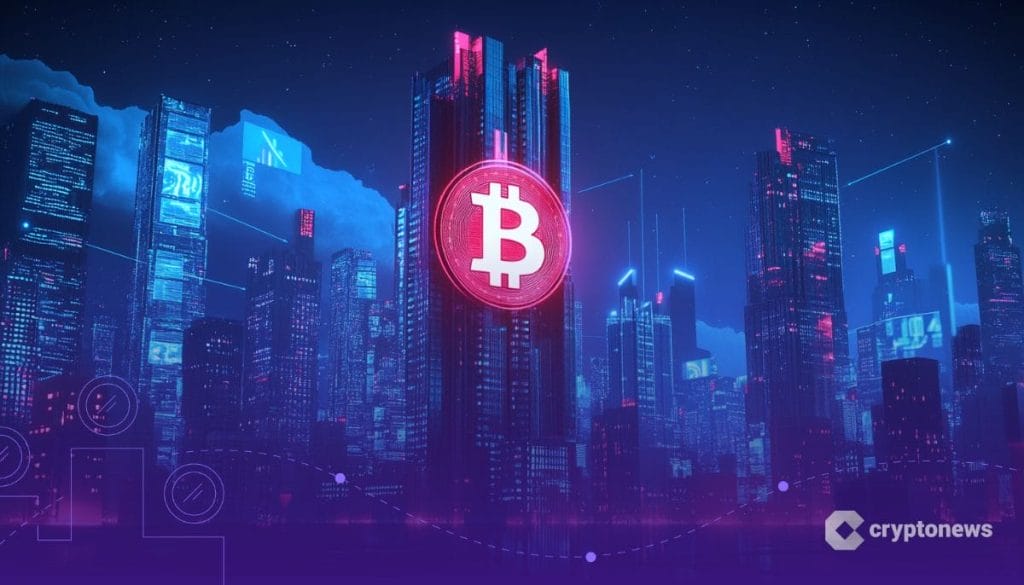 Futuristinen kaupunkikuva, jossa Bitcoin logo pilvenpiirtäjän seinässä.