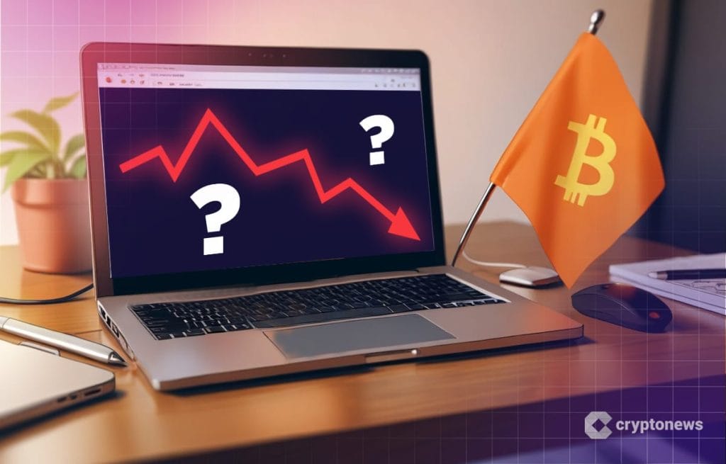 Bitcoin romahdus kuvituksessa läppäri jonka ruudulla kysymysmerkkejä.
