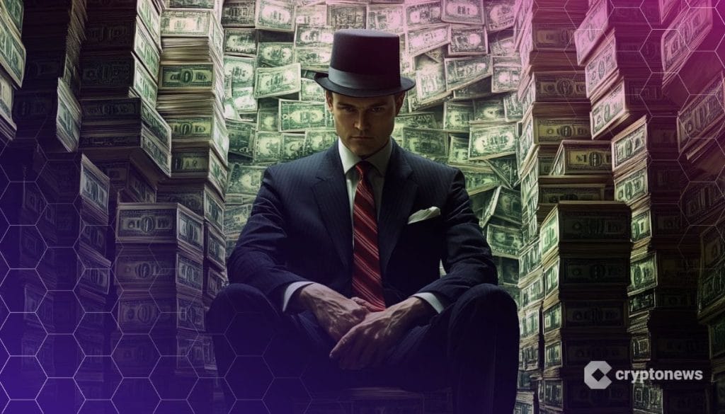 Bitcoin omistaja istuu valtavan dollarikasan edssä.