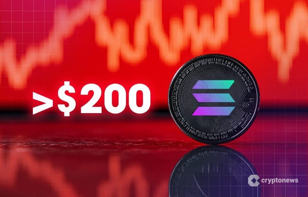 Solana logo ja alle 200 dollaria merkki.
