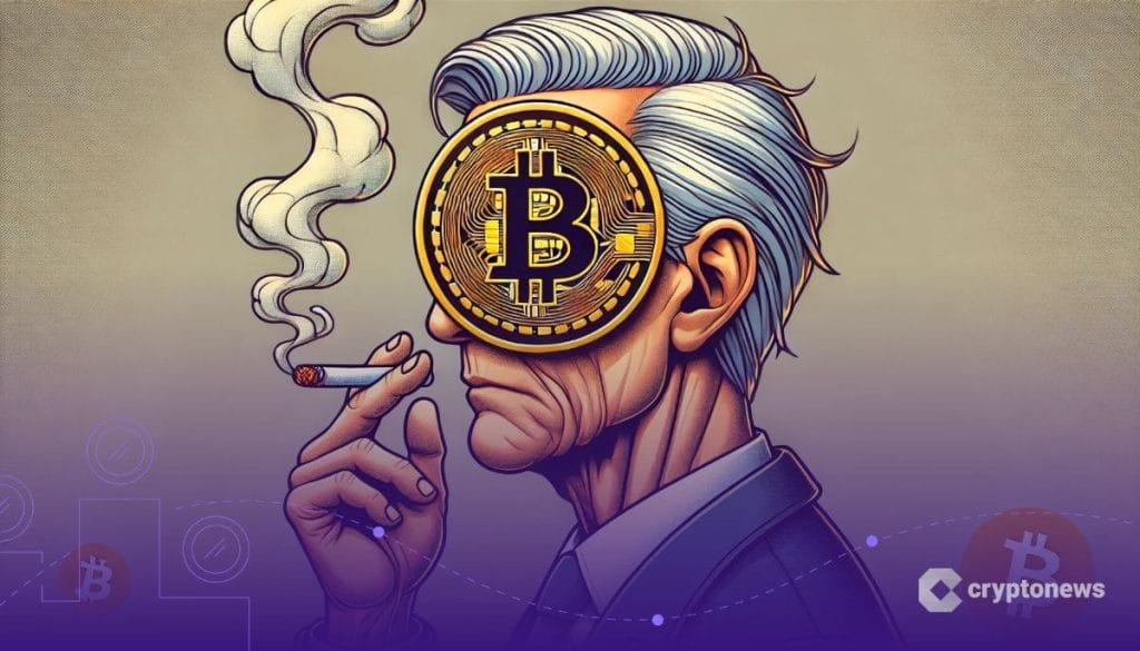 Bitcoin kolikko tupakoivan hahmon edessä.
