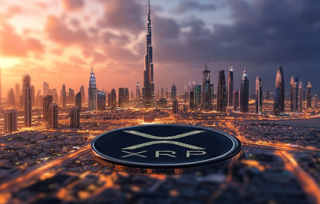 XRP kolikko ja taustalla dubain pilvenppirtäjät