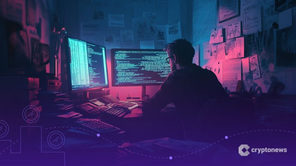 Kryptovoitot kuvituksessa mies tietokoneella.