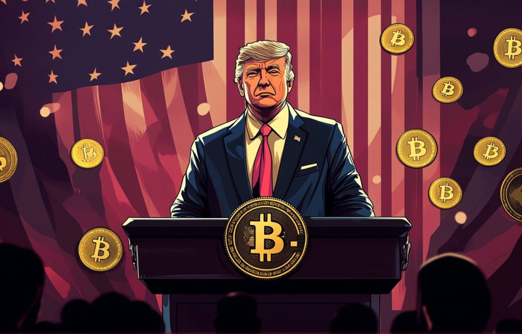 Bitcoin kolikot ympäröivät Donald Trumpin puhujanpöntössä.