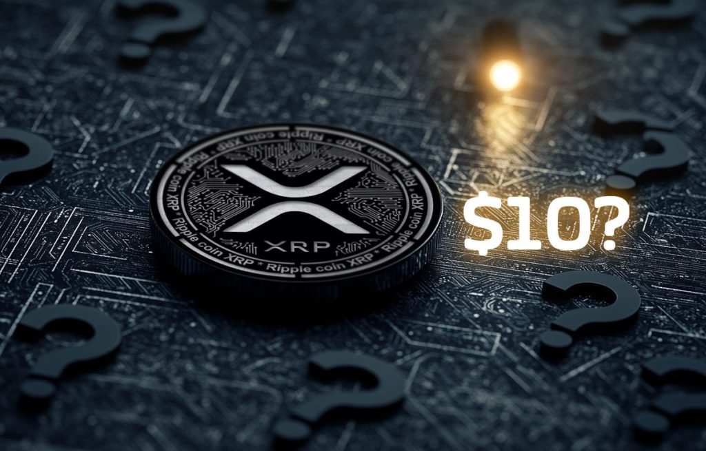 XRP kolikko ja 10 dollaria kirjoitttuna