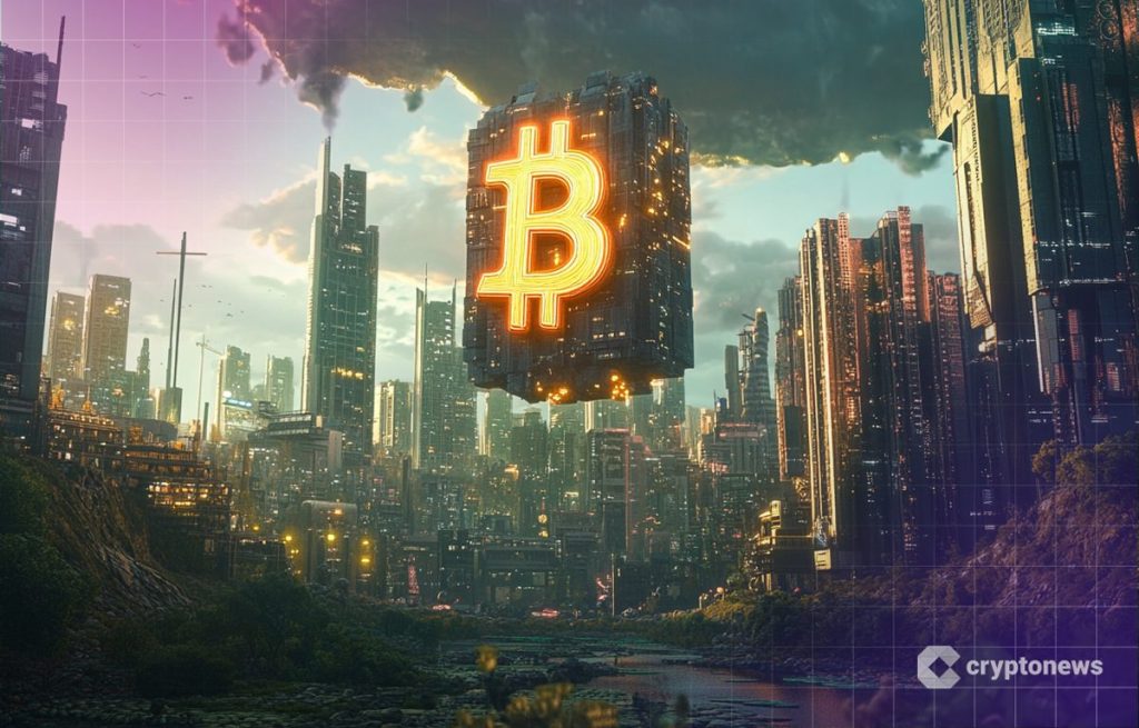 Bitcoin logo leijuu futuristisen kaupungin yllä.