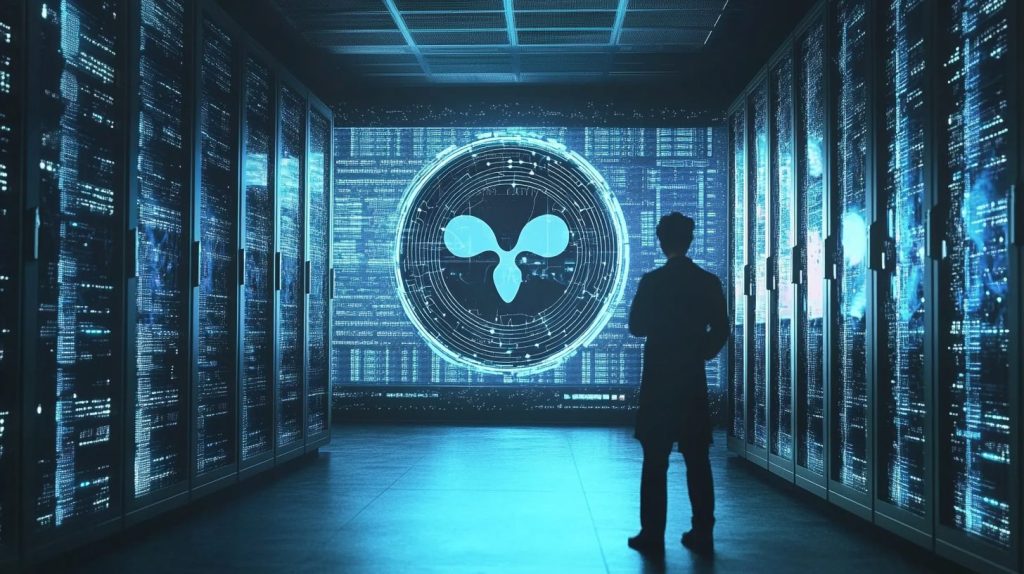 XRP logo futuristisen huoneen seinällä