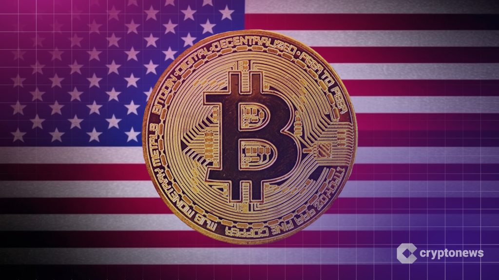 Trump krypto etf -kuvassa bitcoin kolikko ja usan lippu taustalla.