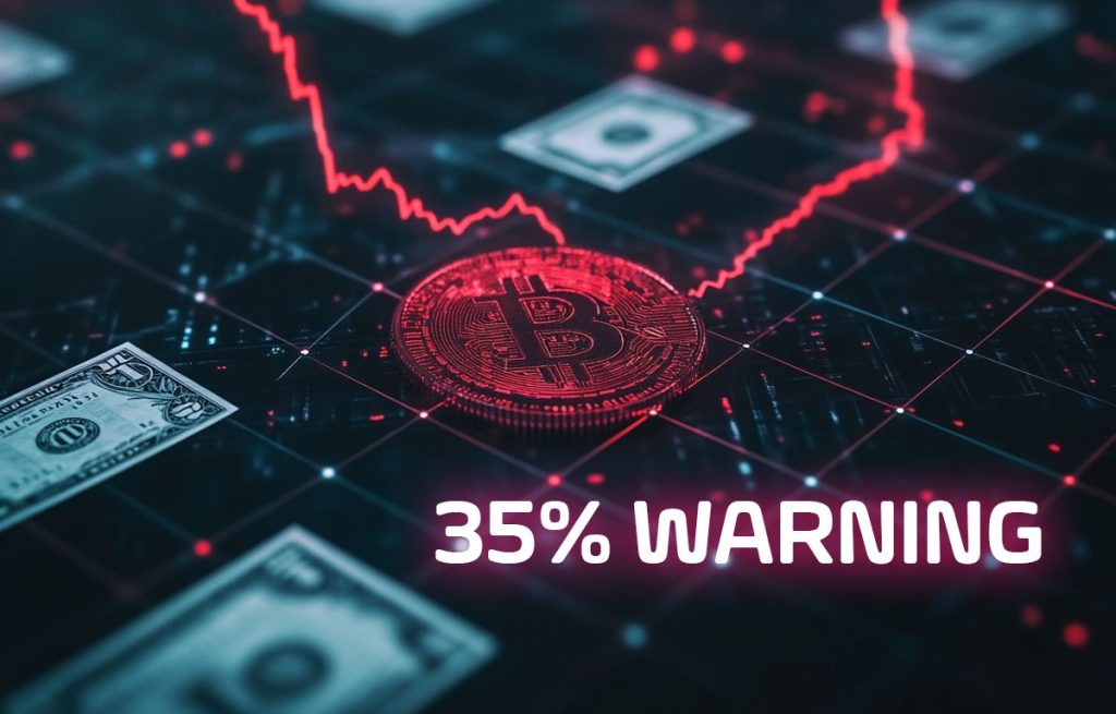 Bitcoin kolikko ja punainen kurssikäyrä.