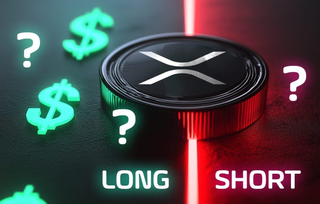 XRP long vai short kuvassa kolikko, kysymysmerkkejä ja sanat long ja short.