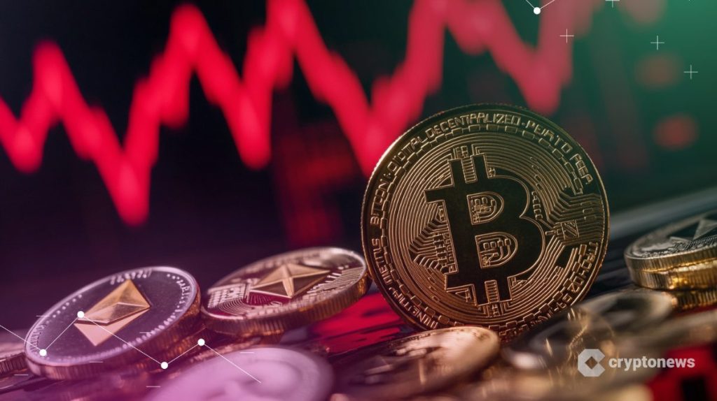 Bitcoin kolikko ja punainen kurssikäyrä